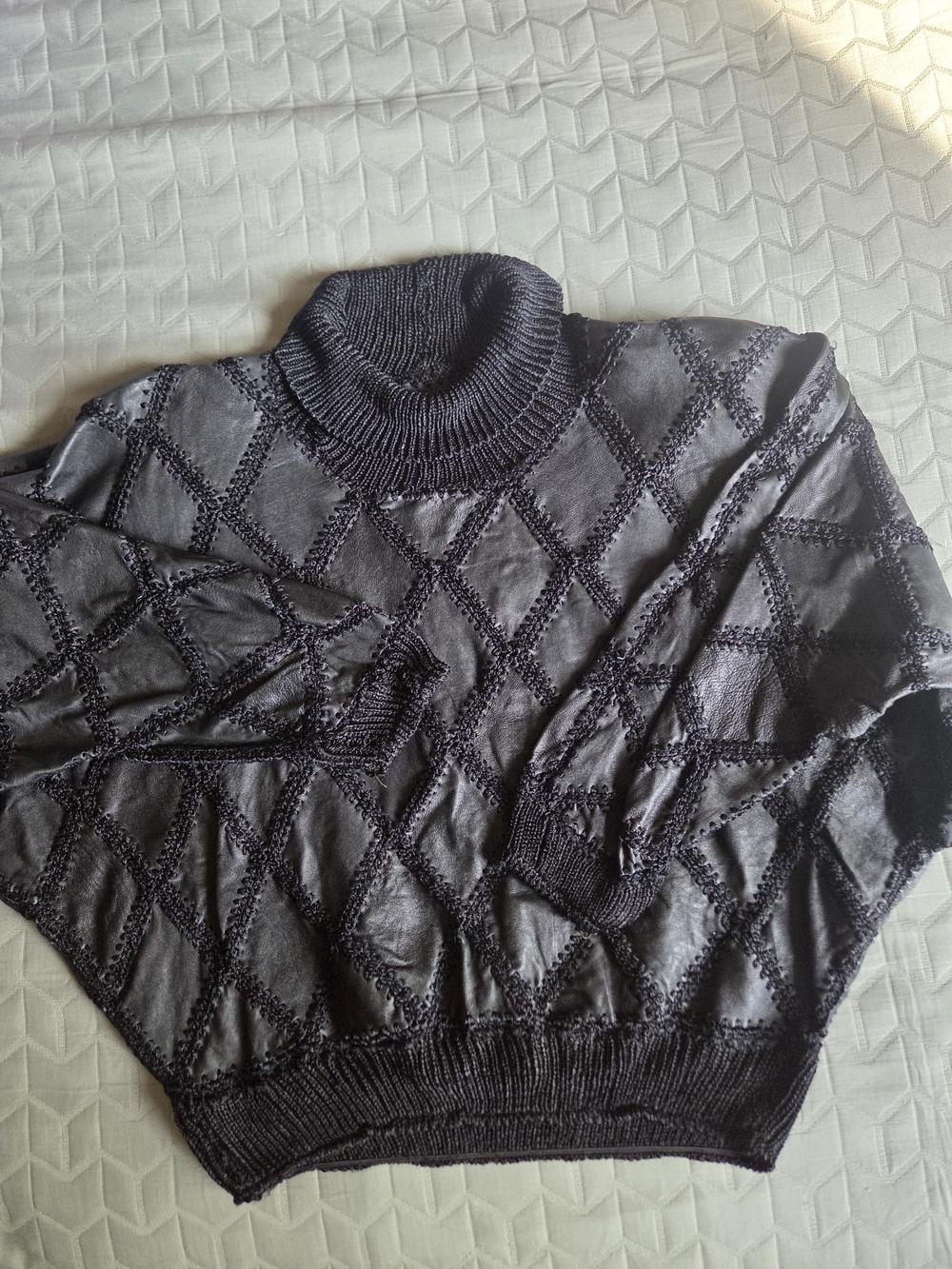 Vintage Black Leather Batwing Sweater | Handmade Artisan Dolman Top M - Picture 7 of 11